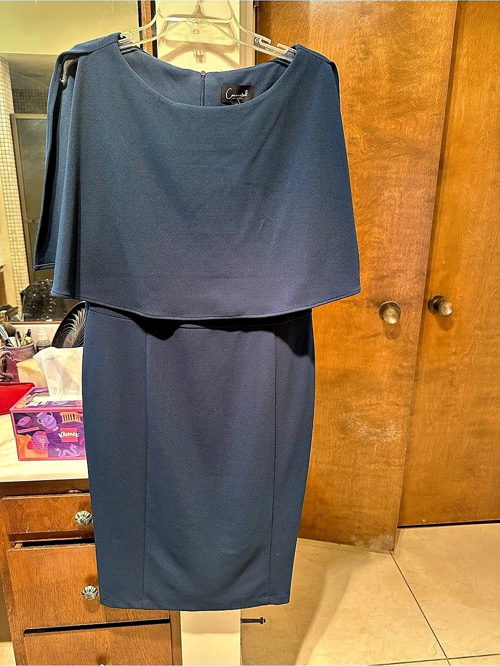 Connected Apparel Cape Sleeve Crepe Sheath Dress Overlay Midi Dress Size 12 NWT